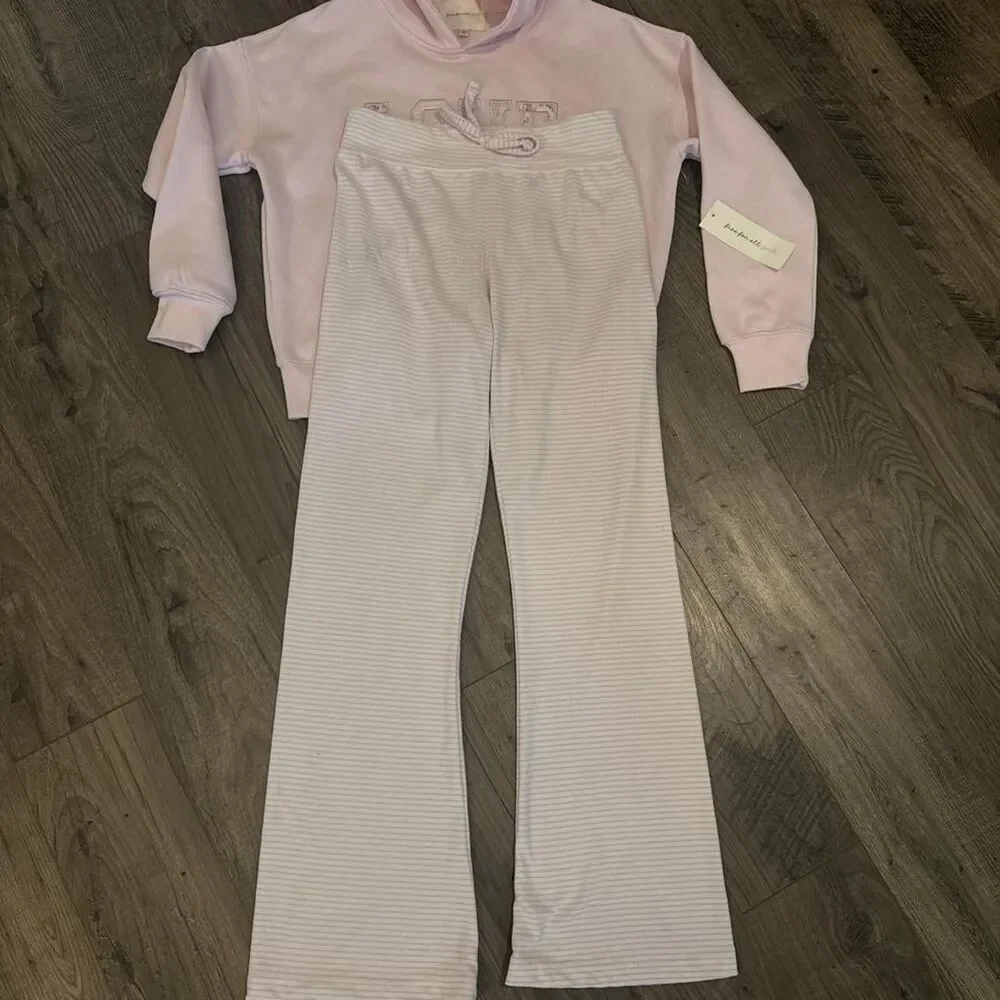 Free For All Girls Pink White Tracksuit Set Hoodie Flare Sweatpants SZ MD 10/12